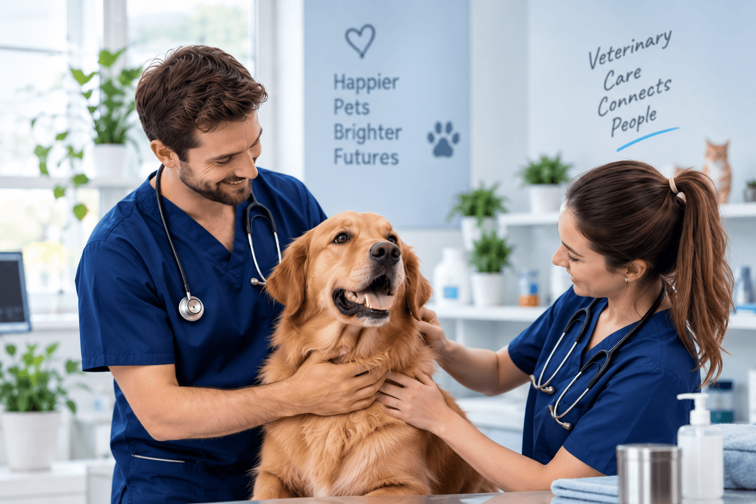 Veterinary professionals with a golden retriever in clinic