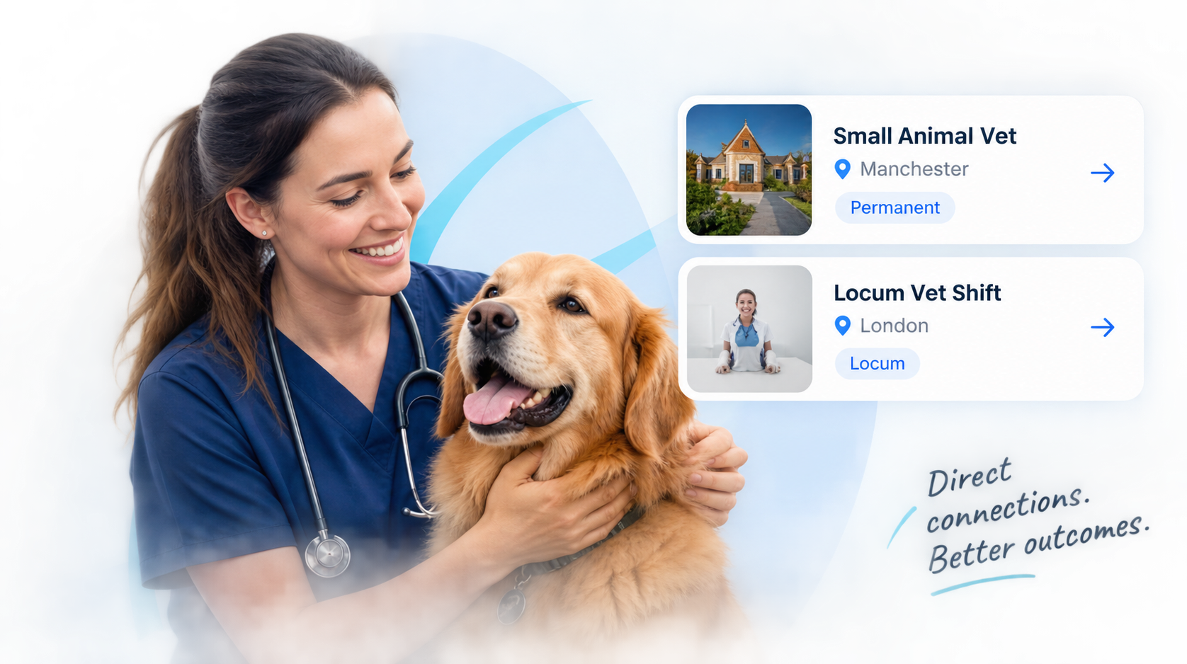 Veterinary professional with a golden retriever, alongside Tikapro permanent and locum opportunity cards